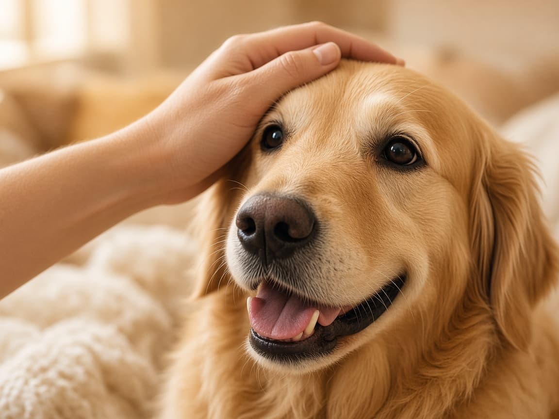 A happy dog receiving gentle attention from a caregiver