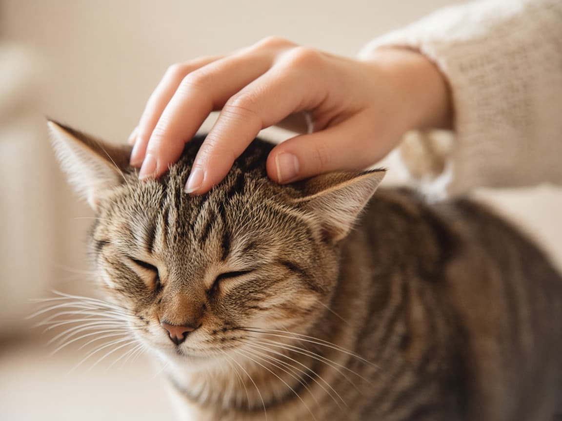A caregiver gently petting a tabby cat