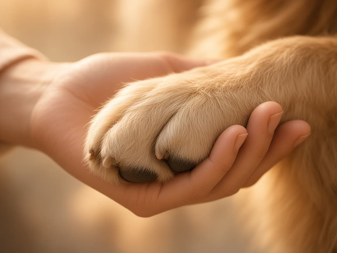 A hand gently holding a dog's paw